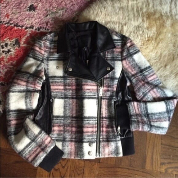 Anthro Paige Leather Plaid Moto Jacket Biker Wool - Picture 4 of 5
